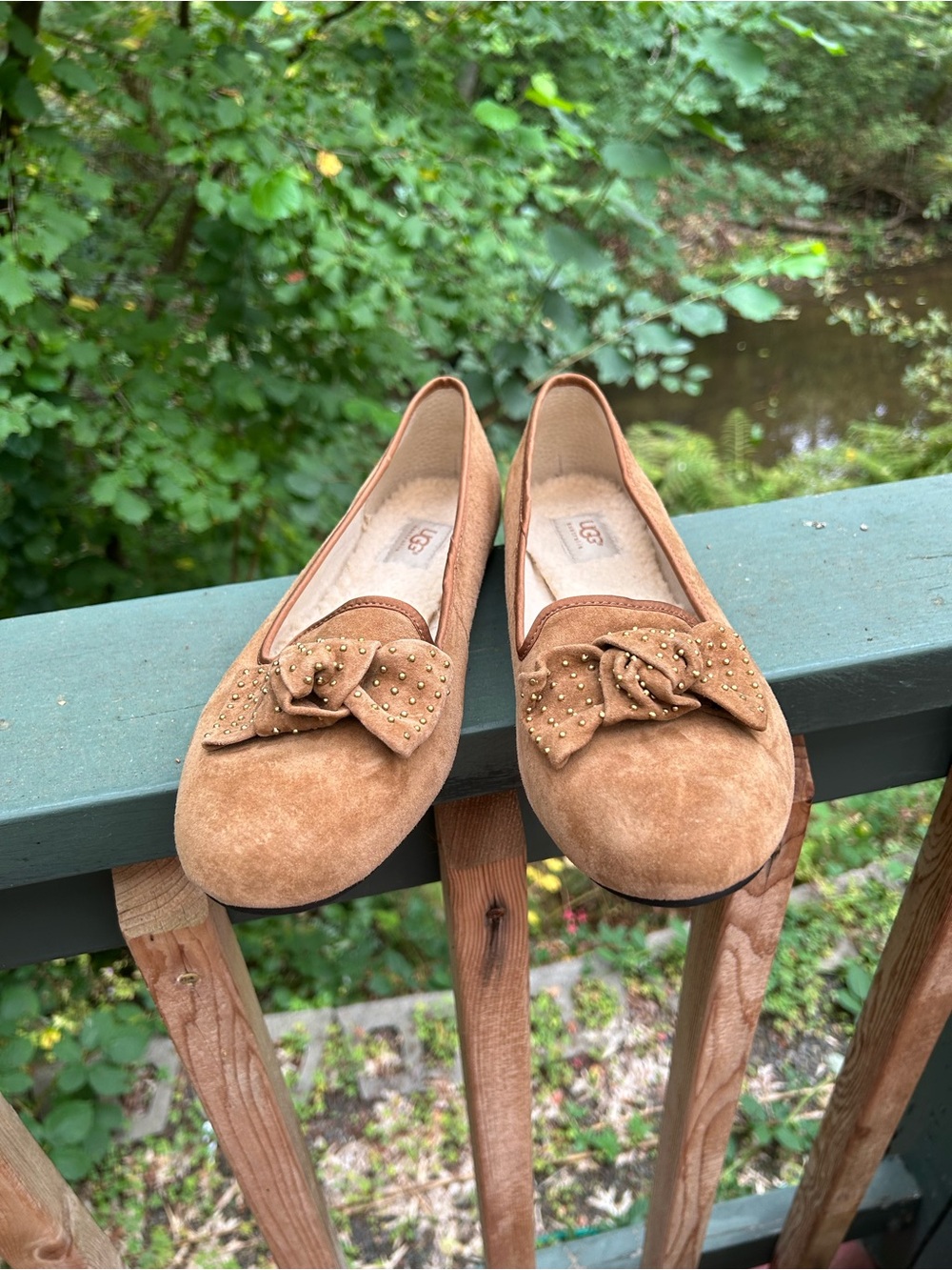 UGG Women's Chestnut Suede Bow Loafers with Stud Detail